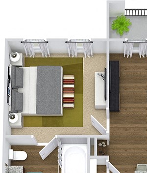 The Encanto 3D The Encanto 3D. 1 bedroom apartment. Kitchen with island open to living room. 1 full bathroom, double vanity. Walk-in closet. Patio/balcony.